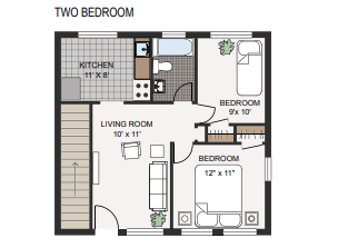 Floor plan for 2 beds, 1 bath, 537 sqft